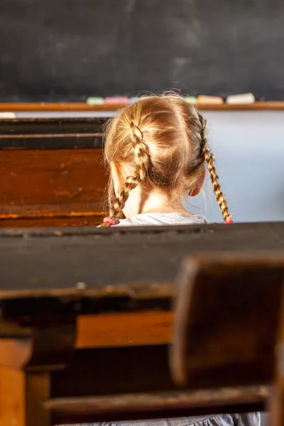 Έννοια της δημόσιας πρωτοβάθμιας σχολικής εκπαίδευσης με νεαρή κοπέλα στην τάξη — Φωτογραφία Αρχείου