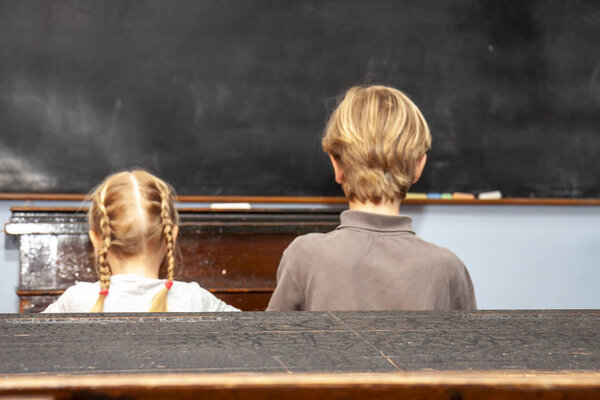 Concept of public primary school education with young boy and girl sitting in the classroom
