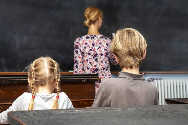 Concept of public primary school education with young boy and girl listening to the female teacher