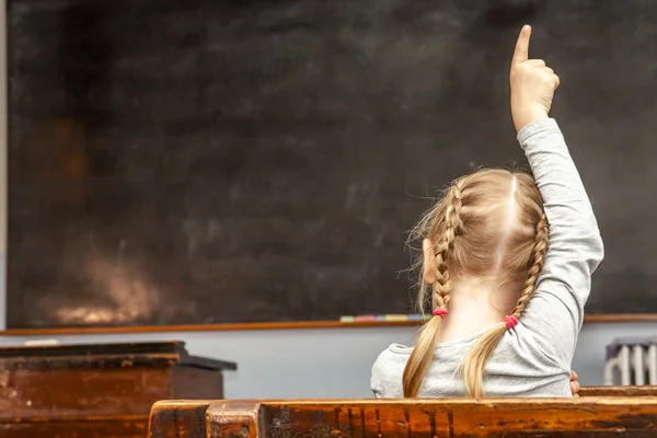 Concept of public primary school education with young girl raising her hand in the classroom — Stock Photo, Image