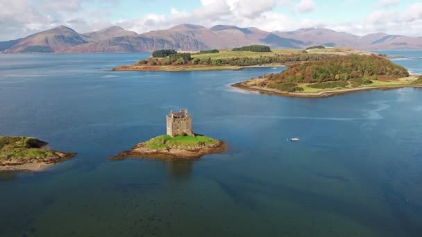 Aerial of the historic castle Stalker in Argyll, Scotland — Stock Video