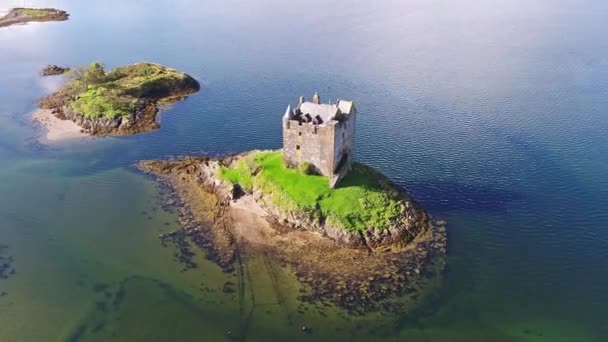 Aerial of the historic castle Stalker in Argyll, Scotland — Stock Video