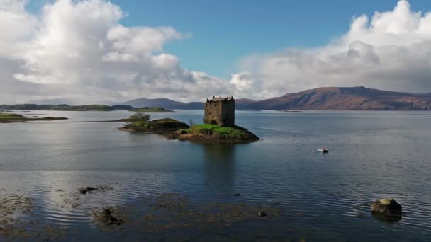 Aerial of the historic castle Stalker in Argyll, Scotland — Stock Video