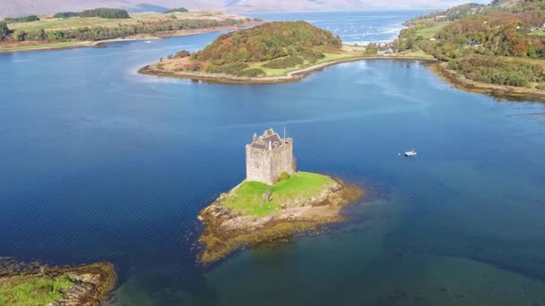 Aerial of the historic castle Stalker in Argyll, Scotland — Stock Video