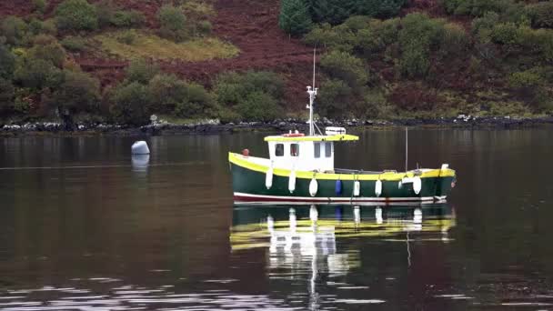 Statek przed produkcja łososia na Loch Harport na wyspie Isle of Skye - Szkocja — Wideo stockowe