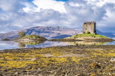 Sonbaharda Castle Stalker görünümü bağlantı noktası Appin, Argyll - İskoçya yakınındaki düşük tide '