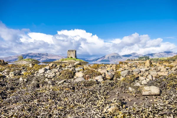 Vista do Castelo Stalker no outono na maré baixa perto de Port Appin, Argyll - Escócia — Fotografia de Stock