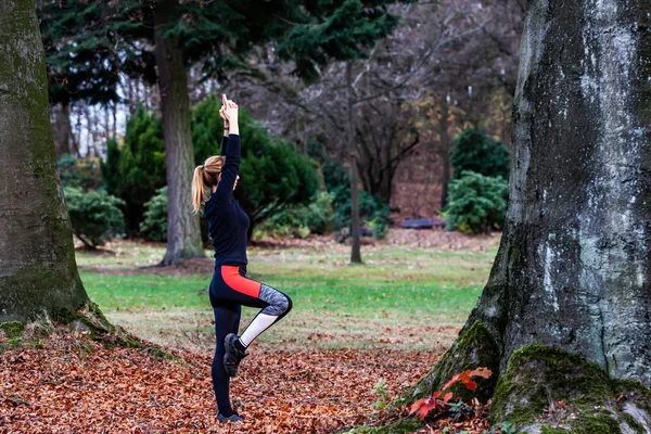 Concepto de jovencita haciendo ejercicios de yoga al aire libre en el bosque — Foto de Stock