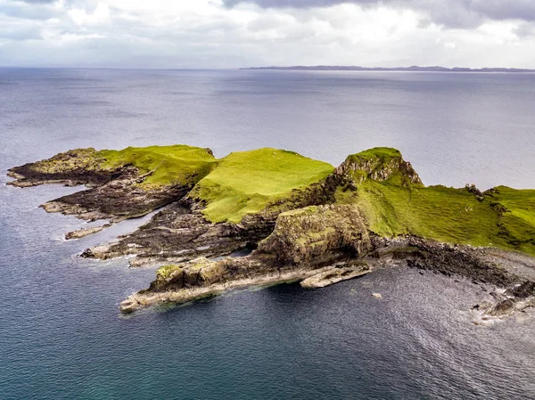 Aerial view of the Dinosaur bay with the rare Dinosaur footprint of the sauropod-dominated tracksite from Rubha nam Brathairean, Brothers Point - Isle of Skye, Scotland