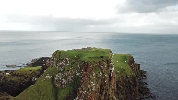 Flyga över bukten och dinosaurie med sällsynta dinosaurie fotavtryck av den sauropoden-dominerade tracksite från Rubha nam Brathairean, bröderna punkt - Isle of Skye, Skottland — Stockvideo