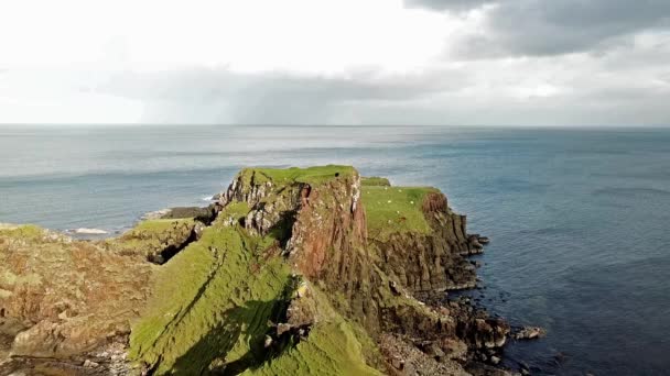 Volando sobre la bahía de dinosaurios con la rara huella de dinosaurio del sitio de la pista dominado por saurópodos de Rubha nam Brathairean, Brothers Point - Isla de Skye, Escocia — Vídeos de Stock