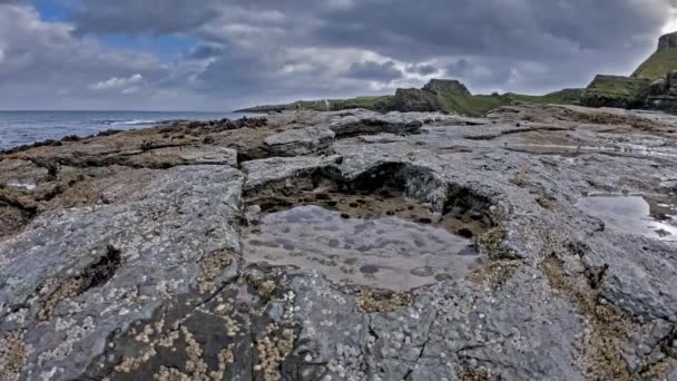 Sällsynt dinosaurie fotavtryck av den sauropoden-dominerade tracksite från Rubha nam Brathairean, bröderna peka - Isle of Skye, Skottland - tidsfördröjning — Stockvideo