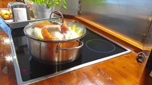 Vegetables and chicken cooking in a metal pot — Stock Video