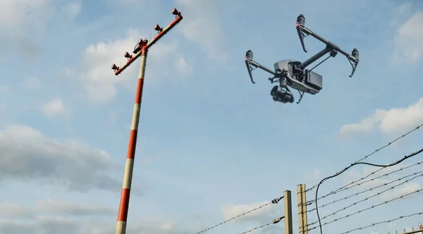 Onbemande drone vliegen in de buurt van vliegtuigen en luchthaven — Stockfoto