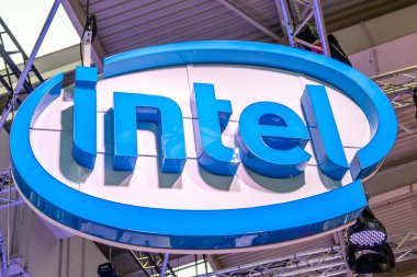 Hannover , Germany - April 02 2019 : Intel is displaying new innovations at the Hannover Messe clipart