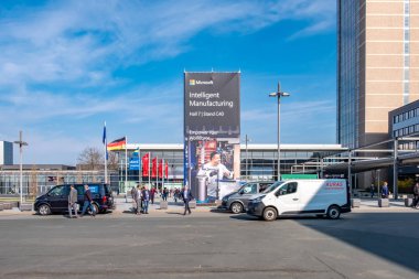 Hannover , Germany - April 02 2019 : Microsoft is displaying new innovations at the Hannover Messe clipart