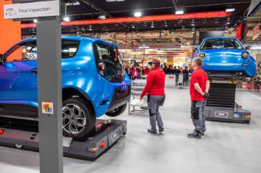 Hannover, Almanya - 02 Nisan 2019: Eurodrive dikmek yeni elektrikli E.Go otomobil üretimini Hannover Fuarında sunuluyor