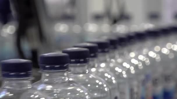 Production of drinking water in plastic bottles moving on conveyor belt — Stock Video