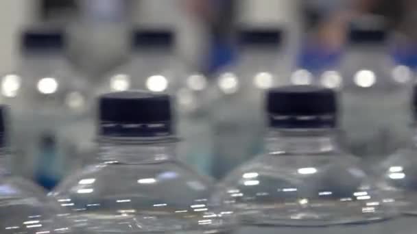 Виробництво питної води в пластикових пляшках, що рухаються на конвеєрному поясі — стокове відео