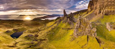 Aerial view of the Old Man of Storr and the Storr cliffs on the Isle of Skye in autumn, Scotland, United Kingdom clipart