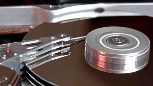 Крупный план чтения и записи данных жесткого диска операционного компьютера — стоковое видео