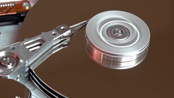 Крупный план чтения и записи данных жесткого диска операционного компьютера — стоковое видео