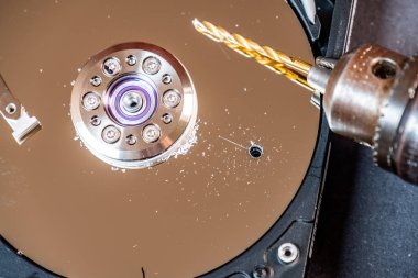 Concept of deleting big data by drilling a hole into the harddisk clipart