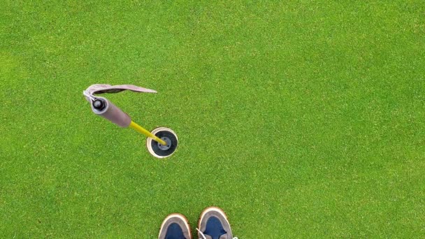 Blick von oben auf einen Golfplatz - Loch mit Fahnenmast und Gras — Stockvideo