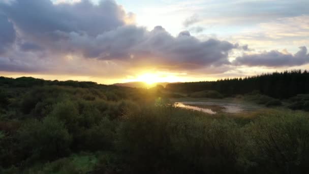 Vol au lever du soleil au-dessus d'une tourbière dans le comté de Donegal - Irlande. — Video