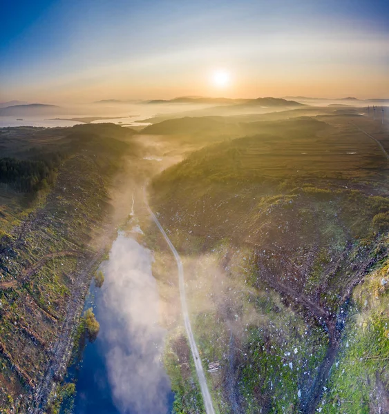 Aerial view of Bonny Glen in County Donegal with fog - Ireland. — Stock Photo, Image