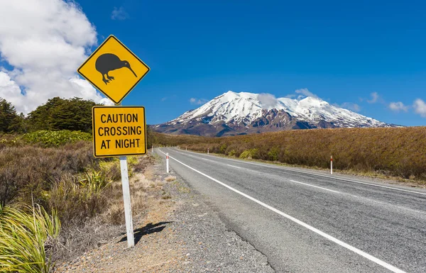 Kiwi Sign Road Leading Volcano Ruapehu National Park Tongariro New — Stock Photo, Image