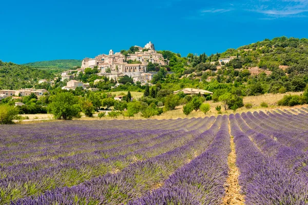 Piccolo Bellissimo Centro Storico Simiane Rotonde Con Campo Lavanda Fronte — Foto Stock