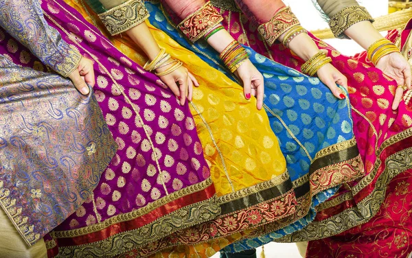 Bollywood Dancers Holding Vivid Costumes Hands Row — Stock Photo, Image
