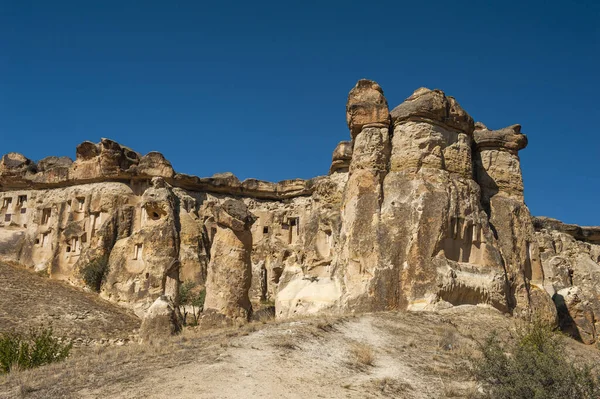 Detalle Del Antiguo Castillo Cavusin Excavado Una Montaña Capadocia Turquía — Foto de Stock