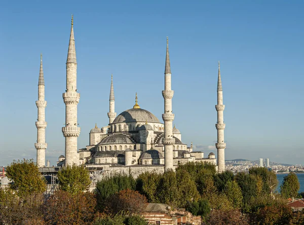 Moschea Blu Illuminata Sole Serale Istanbul Turchia — Foto Stock