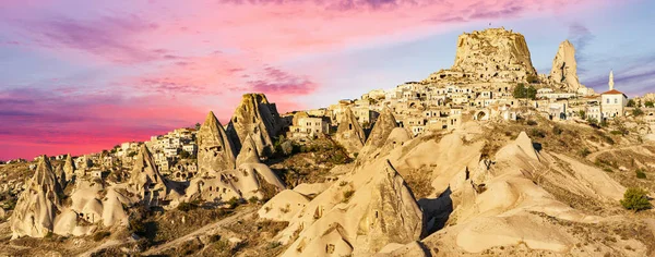 Panoramische Foto Van Kasteel Uchisar Zonsopgang Cappadocië Turkije — Stockfoto