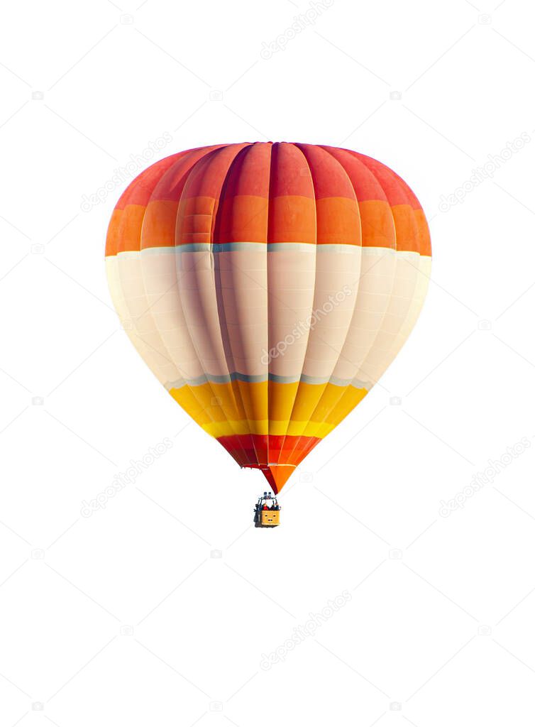 Yellow, orange and red hot balloon with unrecognizable tourists isolated on a white background