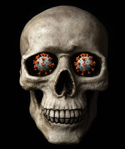 Menschlicher Schädel Mit Coronavirus Anstelle Isolierter Augen Auf Schwarzem Hintergrund — Stockfoto