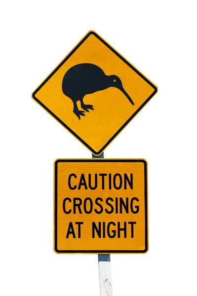 Signo Neozelandés Pájaro Kiwi Cruzando Carretera Por Noche Aislado Blanco —  Fotos de Stock