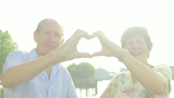 Turistas Caucasianos Seniores Ativos Segurando Suas Mãos Forma Coração Iluminado — Vídeo de Stock
