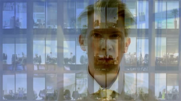 Komposit Realtime Speglar Affärsman Som Tittar Time Lapse Ett Modernt — Stockvideo