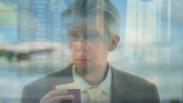 Reflection Caucasian Businessman Looking Out Airport Window — Stock Video