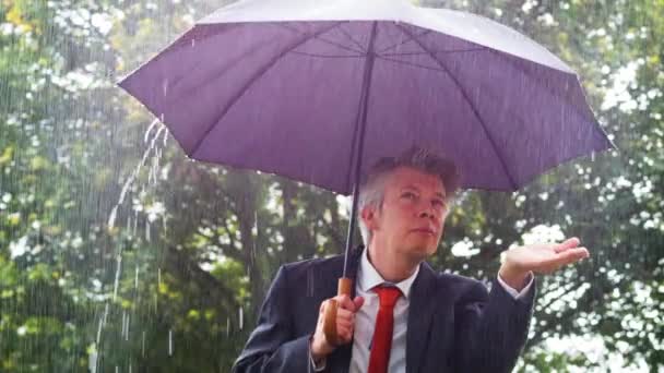 Homme Affaires Caucasien Réfugiant Sous Parapluie Sous Pluie Torrentielle — Video