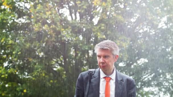 Drenched Caucasian Businessman Caught Out Rain Umbrella — Stock Video