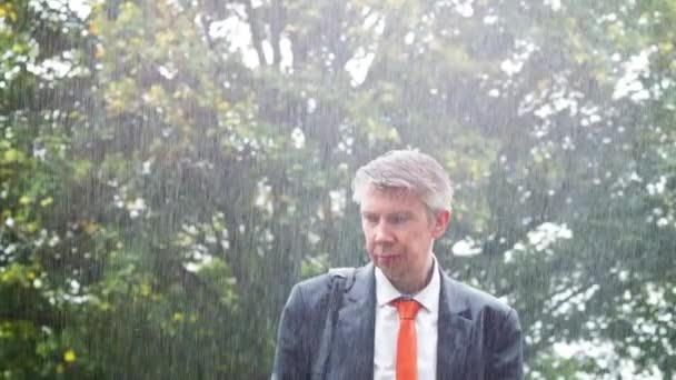 Drenched Caucasian Businessman Caught Out Rain Umbrella — Stock Video