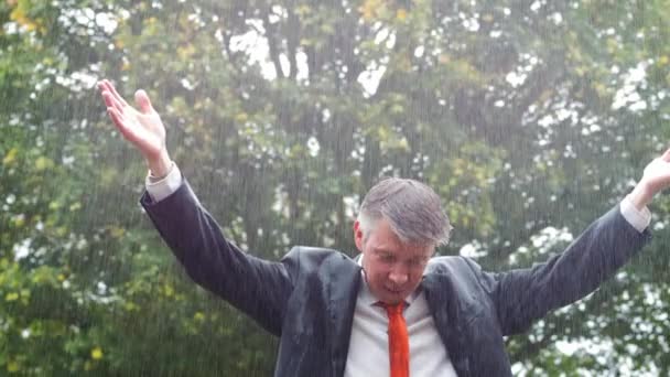 Drenched Caucasian Businessman Caught Out Rain Umbrella — Stock Video