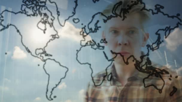 Reflet d'un homme d'affaires regardant à travers une carte du monde  