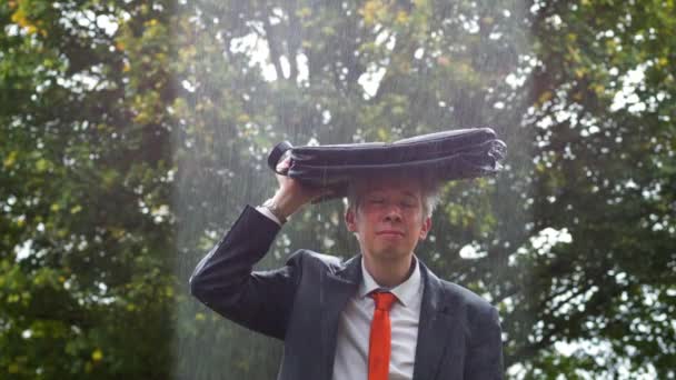 Localised Rain Shower Drenched Caucasian Businessman Caught Out Rain Umbrella — Stock Video