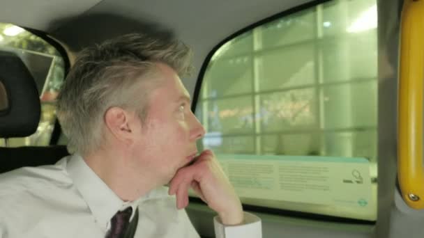 Successful Caucasian Businessman Back Taxi Cab Night — Stock Video