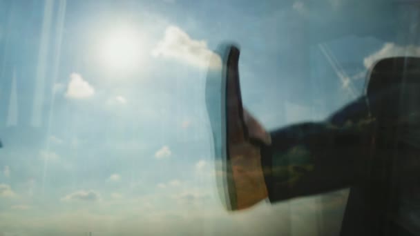 Reflection Man Kicking His Shoes Backlit Sun — Stock Video